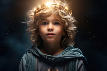 Boy child angel with a crown and halo above his head