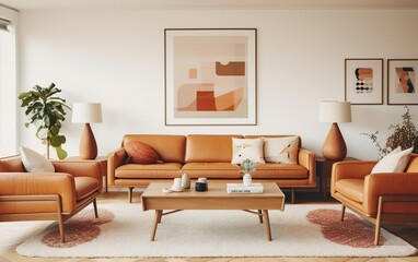 Cool interior design. Mid-century modern living room with tan leather sofa, geometric rug and...