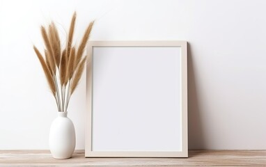 Minimalistic design. Mock up poster frame, vase with dry pampas grass in vase on wooden shelf and...