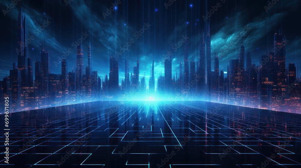 Poster particle in cyberpunk style digital world abstract background