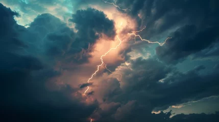 Fotobehang Lightning strikes illuminate the dark cloudy sky in a dramatic display of nature's power. Flashes of light cut through the darkness, creating an atmospheric and electrifying scene © BraveSpirit