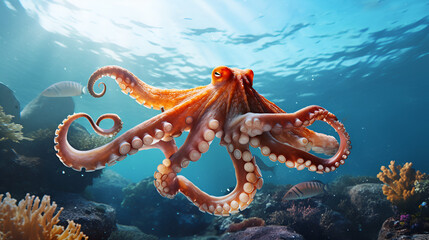 large octopus swims in the ocean. marine fauna. underwater animals, an octopus is swimming in the...