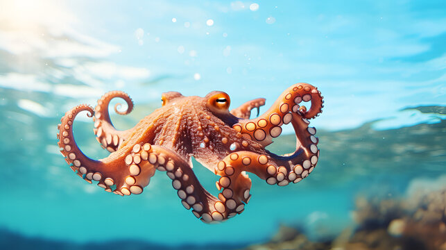cute, happy octopus swimming, Octopus in the wild. an octopus is swimming in the ocean, Underwater Octopus with Bokeh Effect. octopus swims in the ocean. marine fauna. underwater animals Generative AI