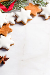 Fototapeta na wymiar Traditional Christmas glazed gingerbread cookies in the shape of a star. Cookies for the holiday. New Year's decor. White background. Copy space