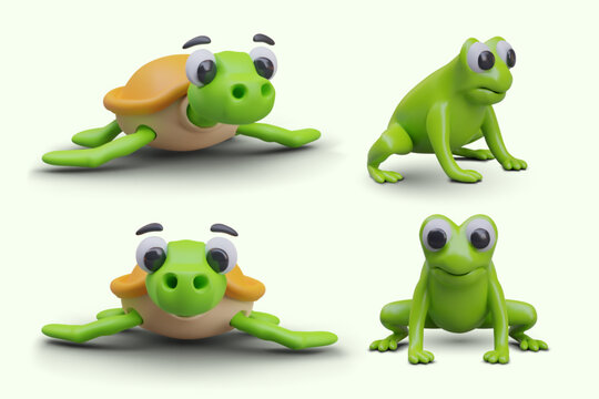 3D turtle and frog in different positions. Front and side view. Green cute amphibians. Templates for dynamic design, movement in game. Vector creatures with friendly faces