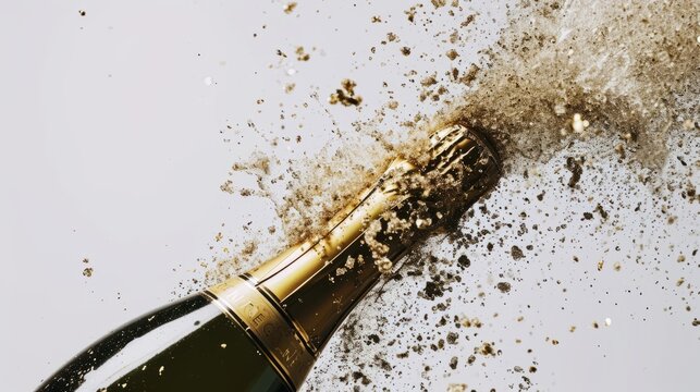 A festive bottle of champagne is opened on a white background. Dynamic and festive scene. Fizz and movement of champagne