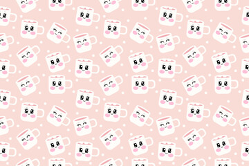 Seamless pattern with cute kawaii coffee cups, mugs in cartoon flat style with dots and marshmallows
