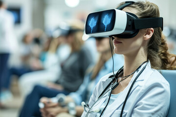 Virtual Reality Therapy - Showcasing the application of virtual reality in healthcare for therapeutic purposes, aiding in pain management and rehabilitation - obrazy, fototapety, plakaty