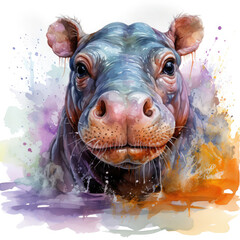 Watercolor colorful Hippopotamus Illustration, Generative Ai