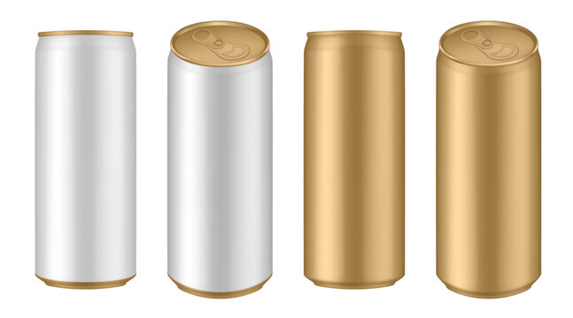 Set of white and gold tin cans of energy drink, juice or soda. Cocktail or fitness drink. Cold beverages. Can top view	
