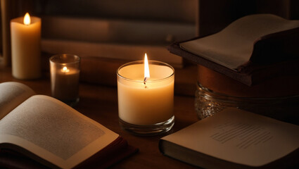 The cozy warmth of a lit candle and the sacred words of the Bible are combined. generative AI