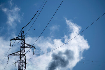 Flock of birds on high voltage pylon in blue sky