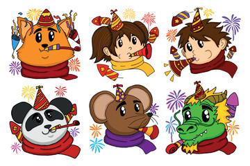 Set Of Character Celebrating New Year Sublimation
