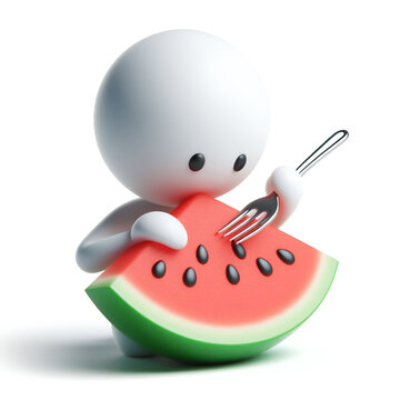White 3D figure eating a slice of watermelon. Health and wellness concept. AI generated