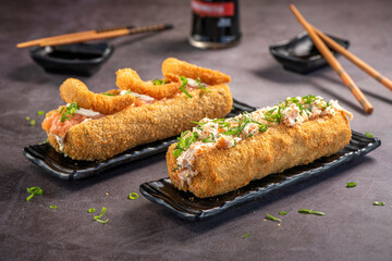 Fried Sushi Roll Brazilian style. Sushi dog.