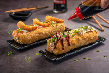 Fried Sushi Roll Brazilian style. Sushi dog.