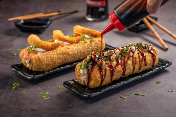 Fried Sushi Roll Brazilian style. Sushi dog.