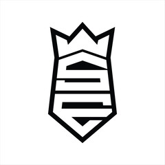 SE Letter Logo monogram hexagon shield shape up and down with crown isolated style design