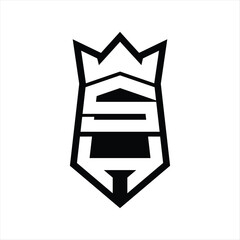 SH Letter Logo monogram hexagon shield shape up and down with crown isolated style design