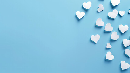 Minimalist composition of blue white hearts scattered across on soft blue background, feeling of calm and tenderness, wedding or Valentine's Day greetings card. Banner with copy space