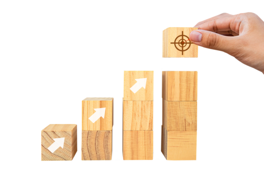Place wooden blocks as a step towards the goal. Business ideas for successful growth process. isolated on white background. PNG