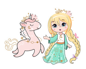 Cute little girl princess in anime style and unicorn on a white isolated background. Vector cartoon illustration for t-shirt