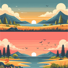 Abstract Nature Sunset Landscape Vector Flat Design Illustration