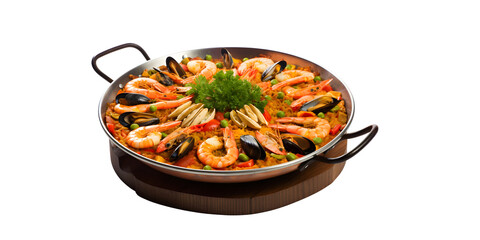 side view of typical seafood and rice spanish paella with mussels, prawns and pieces of lemon PNG on transparent background