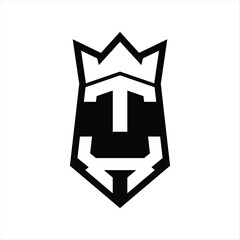 TX Letter Logo monogram hexagon shield shape up and down with crown isolated style design