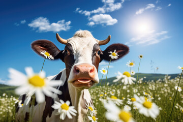 Cute cow on the meadow with daisies