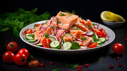 Salad with cucumbers tomatoes paprica onion and fresh salmon