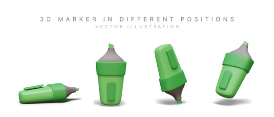 Composition with green realistic marker in different positions