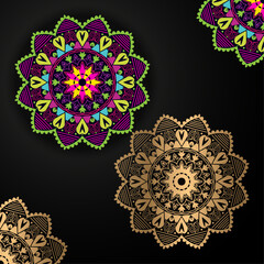 Luxury golden color and colorful Mandala Design. Mandala for Henna, Mehndi, tattoo, decoration. Decorative ornament in ethnic oriental style. Coloring book page background.
