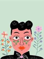 Simple vector illustration of a cute alternative woman with flowers.