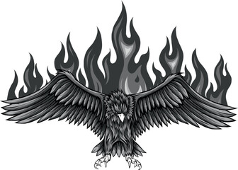 monochromatic illustration of eagle with flames design