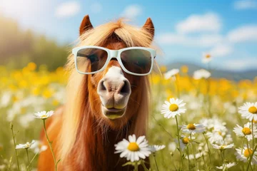 Foto op Canvas Cute horse in sunglasses on the meadow with daisies © Kien