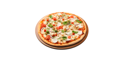 Delicious Pizza with topic on wooden plate with no background, Pizza Clipart for graphics use