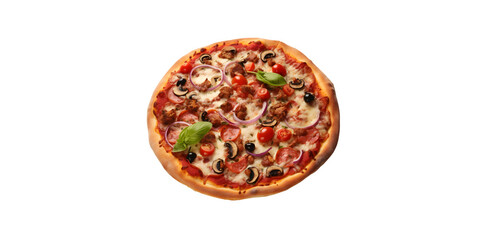 Fototapeta na wymiar Delicious Pizza with topic on wooden plate with no background, Pizza Clipart for graphics use