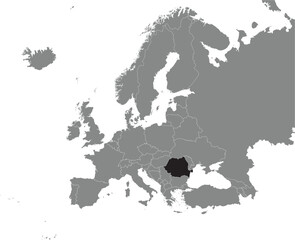 Black CMYK national map of ROMANIA inside detailed gray blank political map of European continent on transparent background using Mercator projection