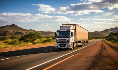 Freight Trail, Truck Hauls Cargo on Serene Rural Road, Delivering Goods to the Countryside.