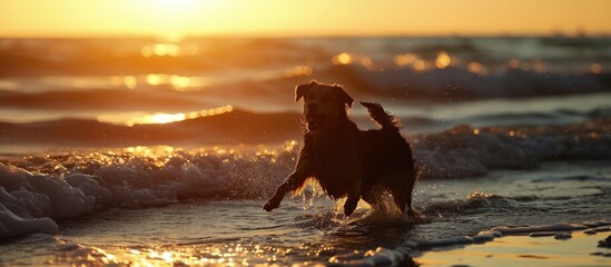 A happy dog flips on the beach at sunset, with waves in the background. - obrazy, fototapety, plakaty