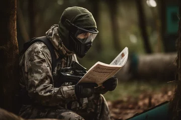 Foto op Plexiglas Person playing paintball reading newspaper. Generative AI © Elizaveta