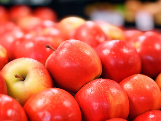 A bunch of fresh red apples in the supermarket close up shot