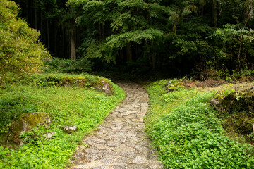 Walking the cobblestone road following the Nakasendo trail between Tsumago and Magome in Kiso Valley, Japan.