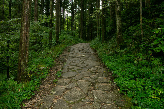 Walking the cobblestone road following the Nakasendo trail between Tsumago and Magome in Kiso Valley, Japan.