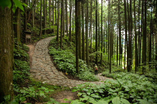 Walking the cobblestone road following the Nakasendo trail between Tsumago and Magome in Kiso Valley, Japan.