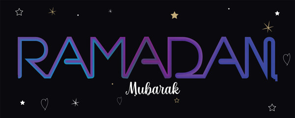 Fototapeta na wymiar Ramadan Mubarak Font With Illuminated Lanterns Hang And Silhouette Mosque On Islamic Pattern Background