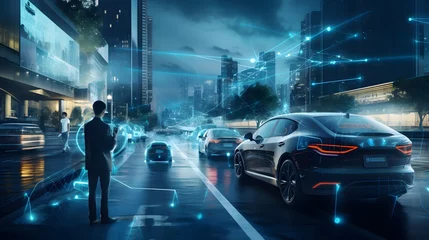 Fotobehang Visualization of the interaction of self-driving autonomous vehicles. Robotic cars are controlled by AI, driving along a busy city avenue, scanning the road with sensors, exchanging information. © Ziyan Yang