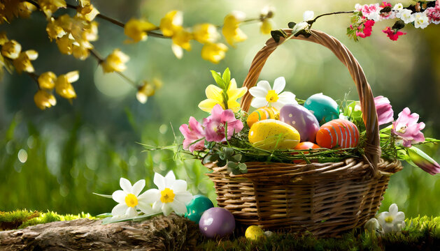 Osterkorb an Ostern auf einer Wiese