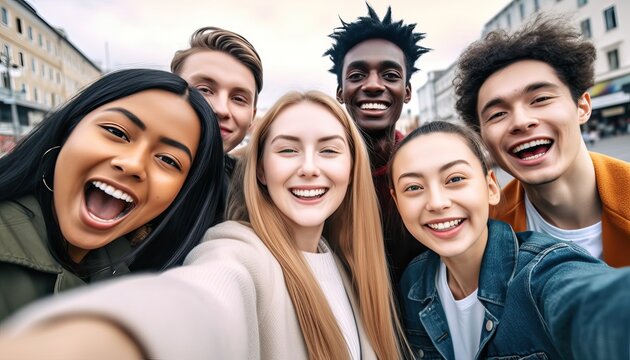 Multiracial friends taking selfie group picture with smart mobile phone outside on city street , Happy young people smiling together looking at camera , Youth lifestyle with teens hanging out